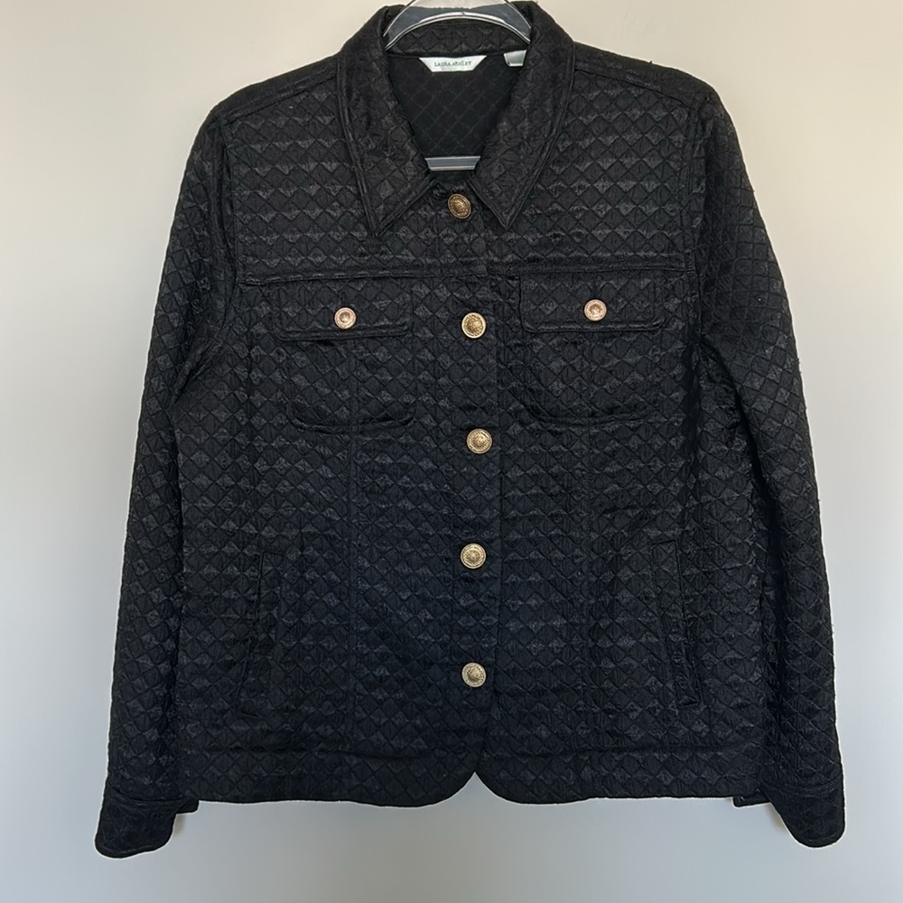 Laura Ashley Black and Gold Diamond‎ Quilt Style Jacket Size Large